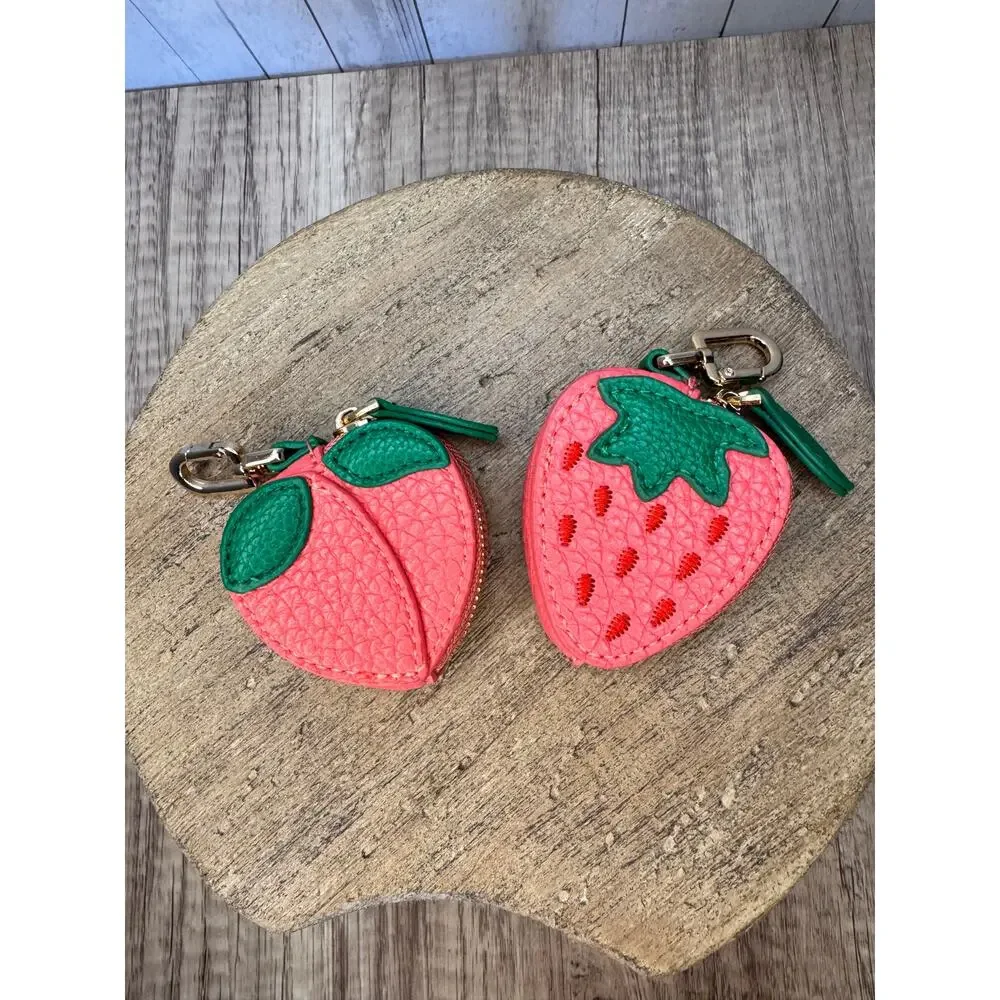 Set of 2 Strawberry Peach Pouch Purse Charms Fruit Keychains NeW FAST SHIP